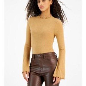 Just Polly Juniors Long Bell Sleeve Ribbed Bodysuit Camel Tan NEW Small